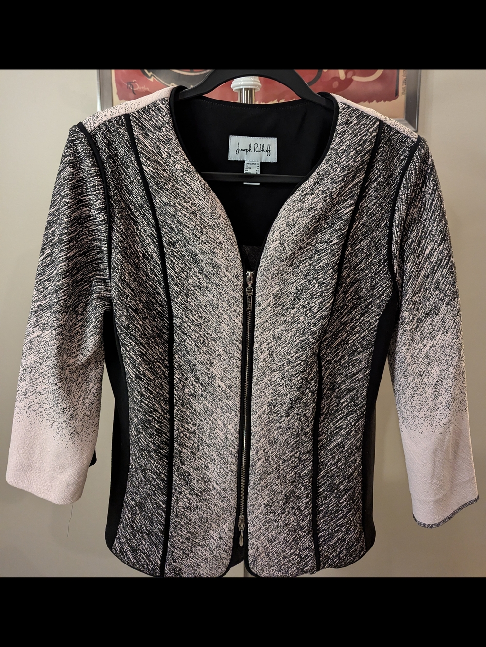 $40 Joseph Ribkoff Size 12 Jacket Black Pink Ombre Jacquard Textured Zip